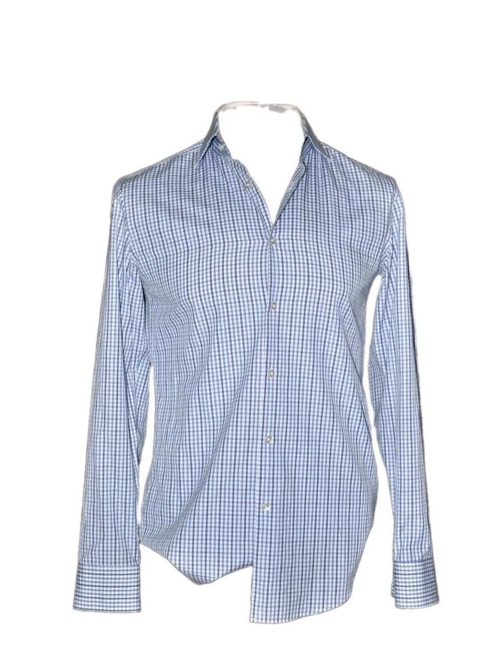Hugo Boss Slim Fit Dress Shirt Men Size 15.5 M Blue Gingham Plaid Long Sleeve